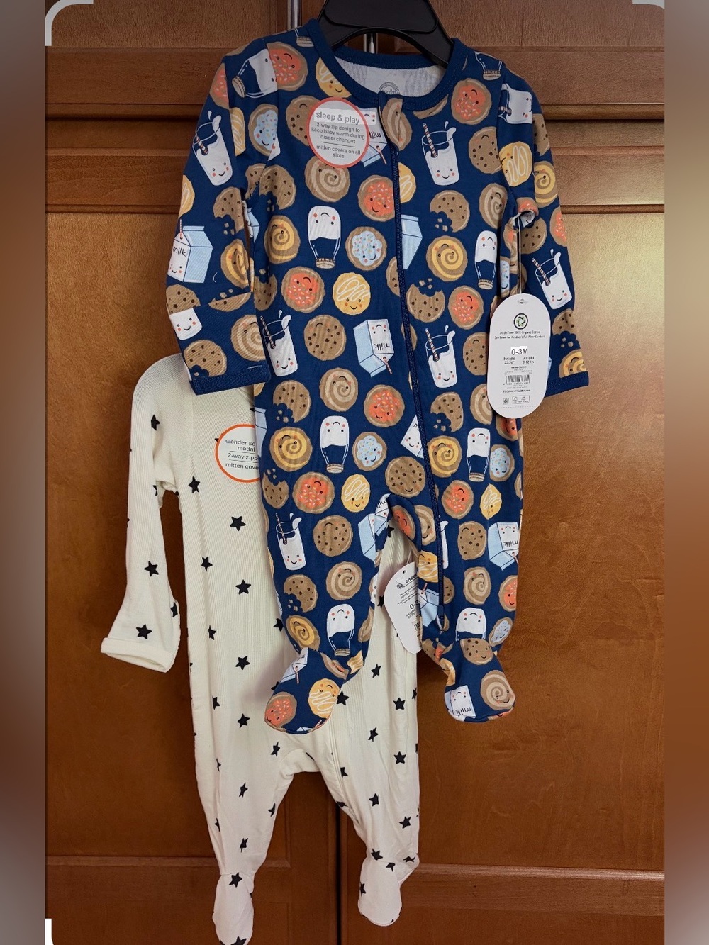 2 pc NEW 0-3M Sleep n Play Pajamas - Milk n Cookies & Blue Stars Organic Cotton